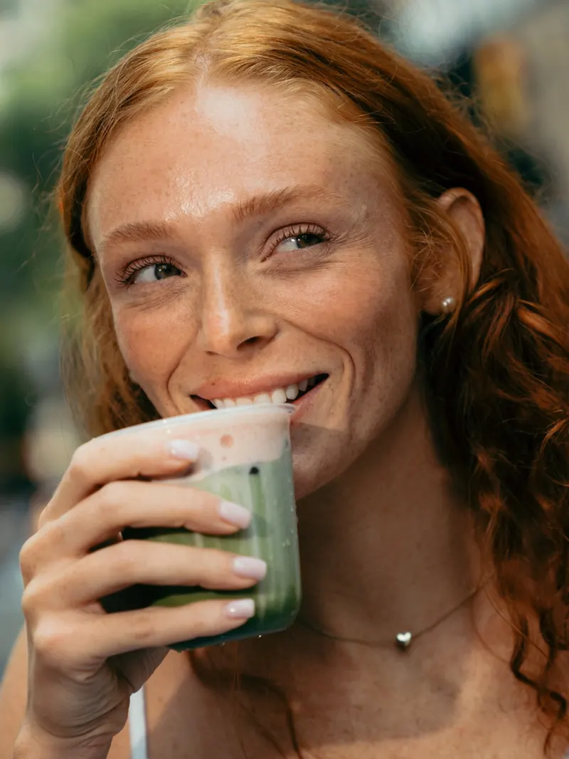 A woman sipping an iced matcha
