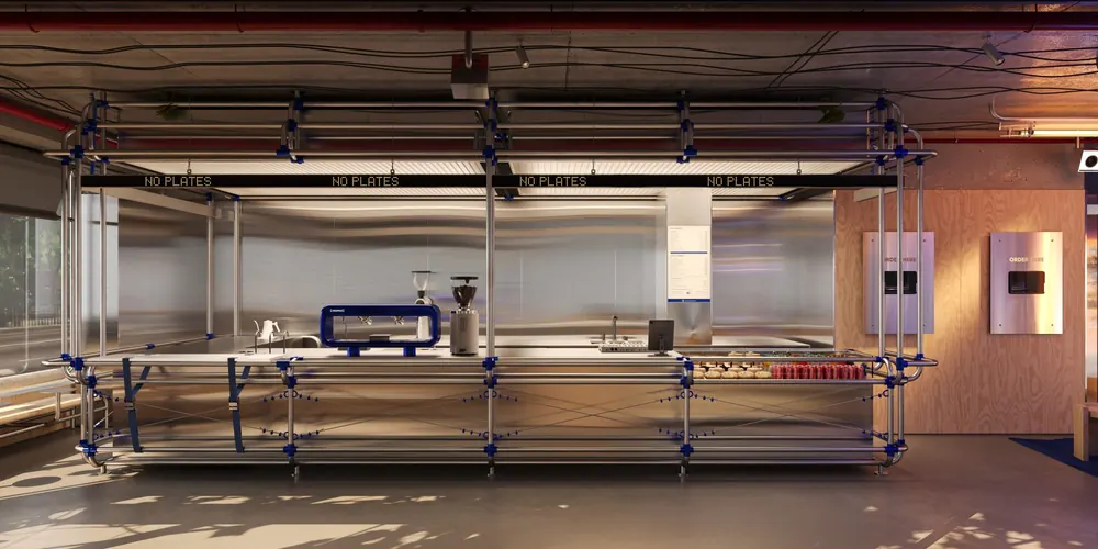Rendering of a steel scaffold coffee counter