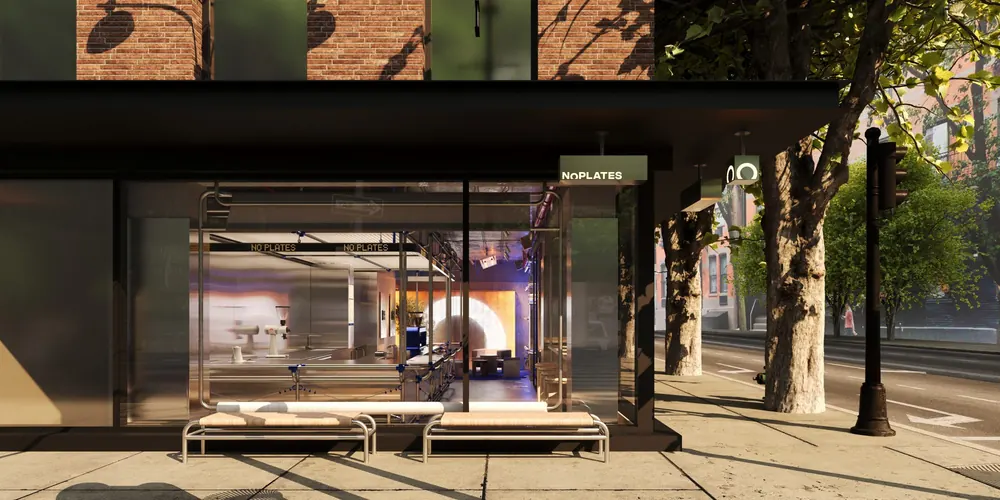 Rendering of the glass storefront at dusk